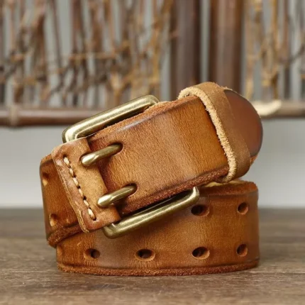 IronHide™ 3.8CM Handmade Men Leather Belt – Copper Buckle Vintage Cowhide Jeans Belt 1