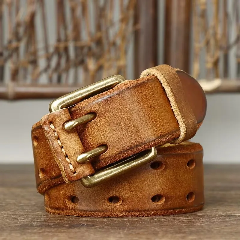 IronHide™ 3.8CM Handmade Men Leather Belt – Copper Buckle Vintage Cowhide Jeans Belt 1