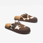 Women's Cow Leather Buckle Slippers – Handmade Cow Pattern Casual Flats