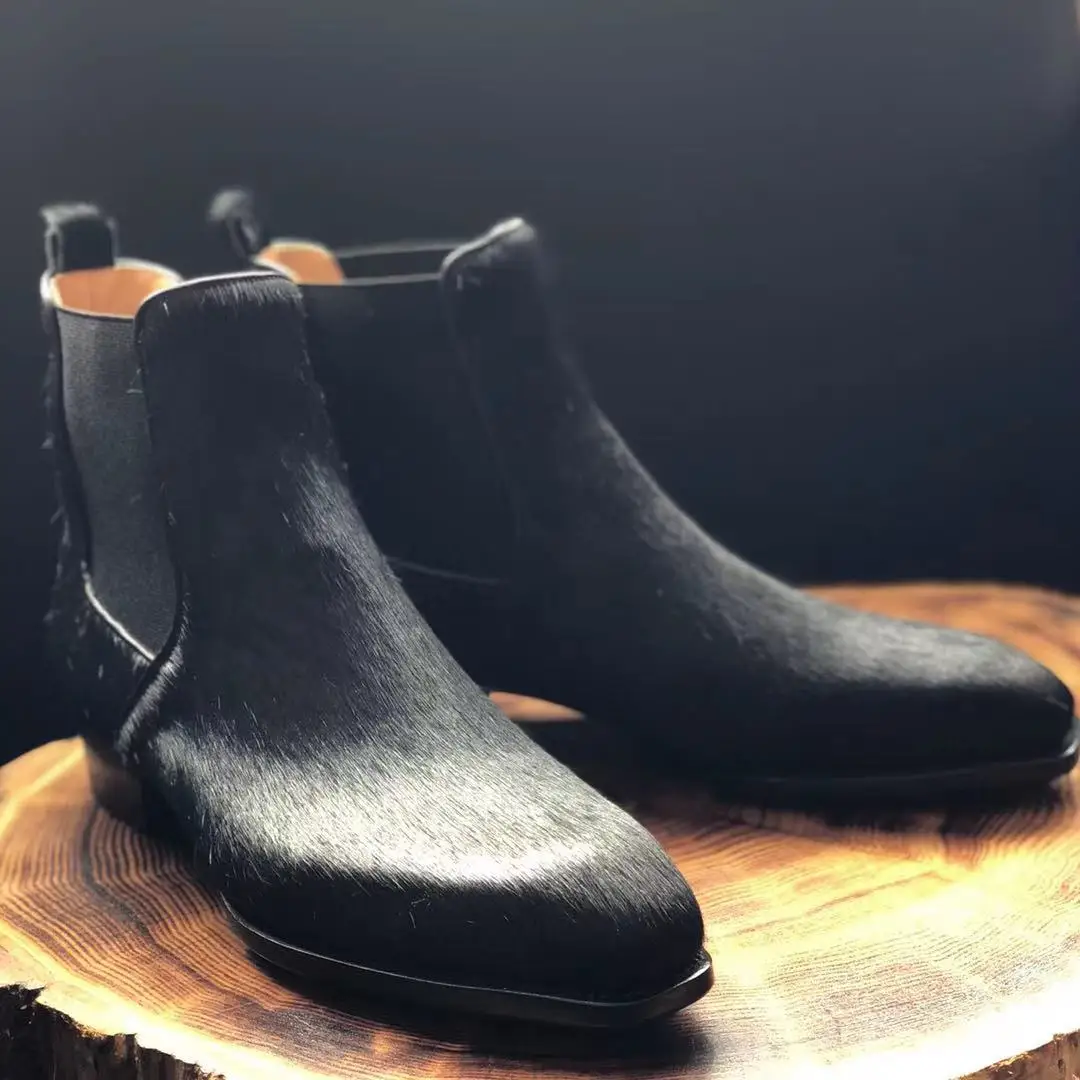 Regal Hoof™ Horsehair Chelsea Boots – Handmade Square Toe Leather Sole Ankle Boots for Men 4