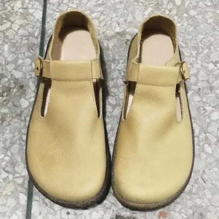 TessaBelt Classic™ | Handmade Women's T-Strap Cowhide Leather Flats – Retro British Big Toe Shoes with Buckle Strap 40