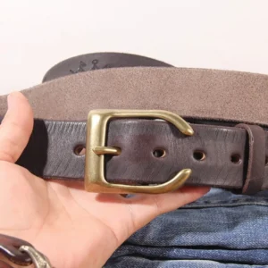 MythForge™ 3.8cm Thick Cowhide Leather Belt – Horn Brass Buckle with Lucky Phaeton Symbol for Men 1