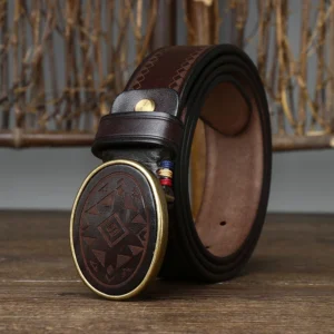 Carvado™ 3.8CM Men’s Genuine Laser-Engraved Leather Belt – Laser Plaid Strap with Smooth Buckle 1