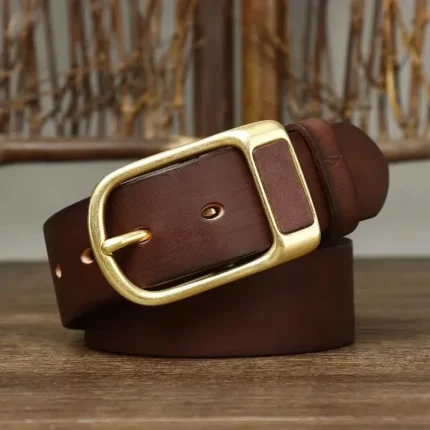 WESTMARCH™ 3.8CM Retro Cowboy Leather Belt – Brass Buckle Cowskin Jeans Strap 2