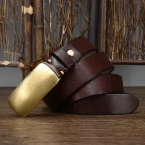 VALORÉ™ Men’s 3.3CM Genuine Leather Belt – Smooth Brass Buckle Designer Strap 1
