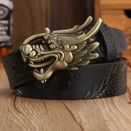 DRAGONEMPIRE™ 3.8CM Designer Dragon Buckle Belt for Men – Gold Cowskin Leather Fashion Strap 2