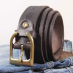 MythForge™ 3.8cm Thick Cowhide Leather Belt – Horn Brass Buckle with Lucky Phaeton Symbol for Men 3