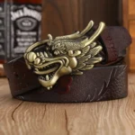 DRAGONEMPIRE™ 3.8CM Designer Dragon Buckle Belt for Men – Gold Cowskin Leather Fashion Strap 1