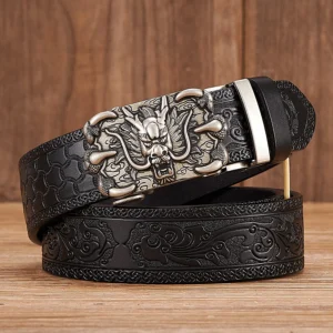 DRAGONBLAZE™ 3.5CM Dragon Buckle Leather Belt – Tang Grass Pattern Automatic Belt for Men 1