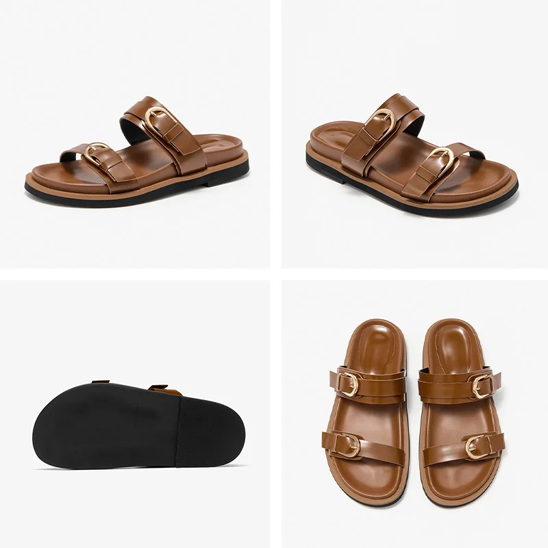 Liora™ Handmade Leather Slide Slippers – Women’s Double Strap Genuine Cowhide Sandals 5