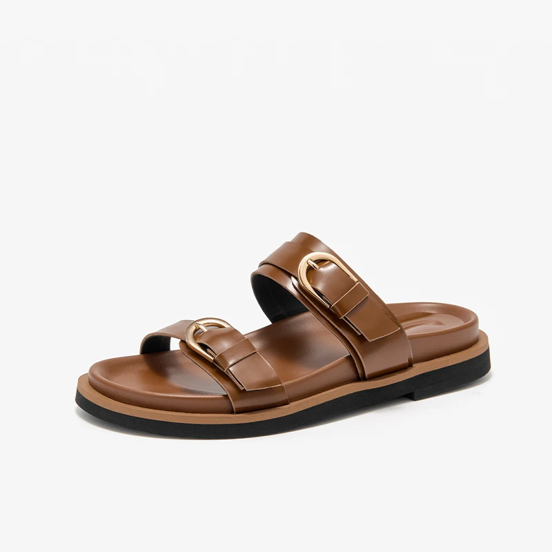 Liora™ Handmade Leather Slide Slippers – Women’s Double Strap Genuine Cowhide Sandals 7