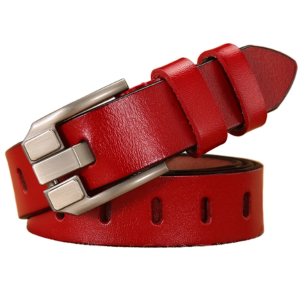 BellaEdge™ 2.8cm Women’s Genuine Leather Belt – Red Cowskin Belt with Classic Pin Buckle