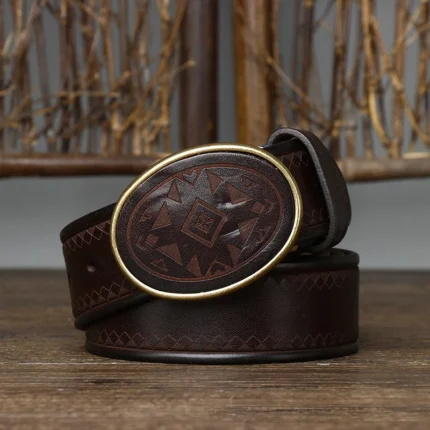 Carvado™ 3.8CM Men’s Genuine Laser-Engraved Leather Belt – Laser Plaid Strap with Smooth Buckle 2