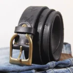 MythForge™ 3.8cm Thick Cowhide Leather Belt – Horn Brass Buckle with Lucky Phaeton Symbol for Men 5