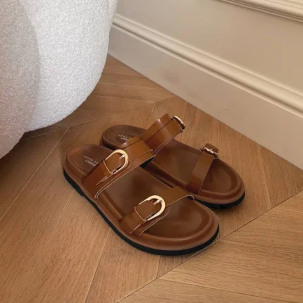 Liora™ Handmade Leather Slide Slippers – Women’s Double Strap Genuine Cowhide Sandals 1