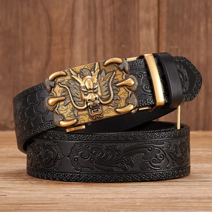 DRAGONBLAZE™ 3.5CM Dragon Buckle Leather Belt – Tang Grass Pattern Automatic Belt for Men 2
