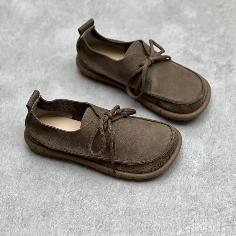 Velina™ Handmade Leather Women Flats – Retro Round Toe Shallow Slip-On Loafers 4