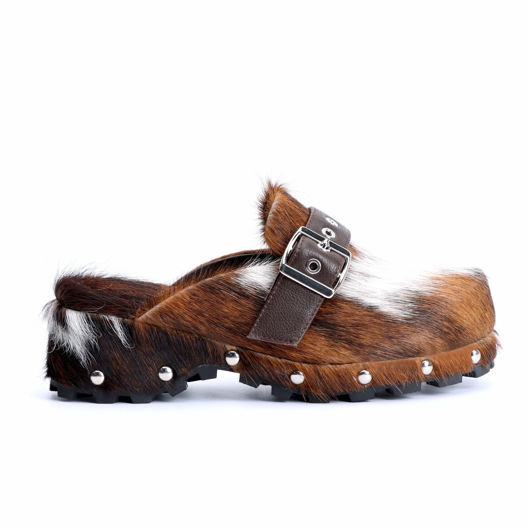 WildCharm™ Handmade Cow Fur Platform Clog Slippers – Women's Studded Vintage Cowboy Mules in Brown & White Cow Fur 2