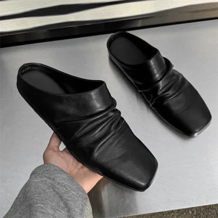 StrideEase™ Men’s Pleated PU Mules – Backless Slip-On Semi-Drag Loafers for Summer 1