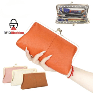 RFID Genuine Leather Kiss Lock Wallet – Long Clutch Purse with Card Holder for Women