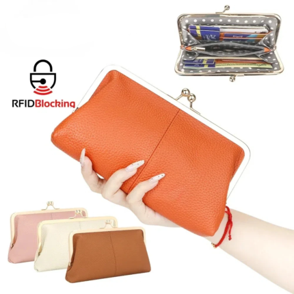 RFID Genuine Leather Kiss Lock Wallet – Long Clutch Purse with Card Holder for Women