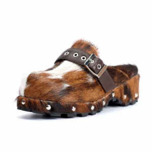 WildCharm™ Handmade Cow Fur Platform Clog Slippers – Women's Studded Vintage Cowboy Mules in Brown & White Cow Fur 1