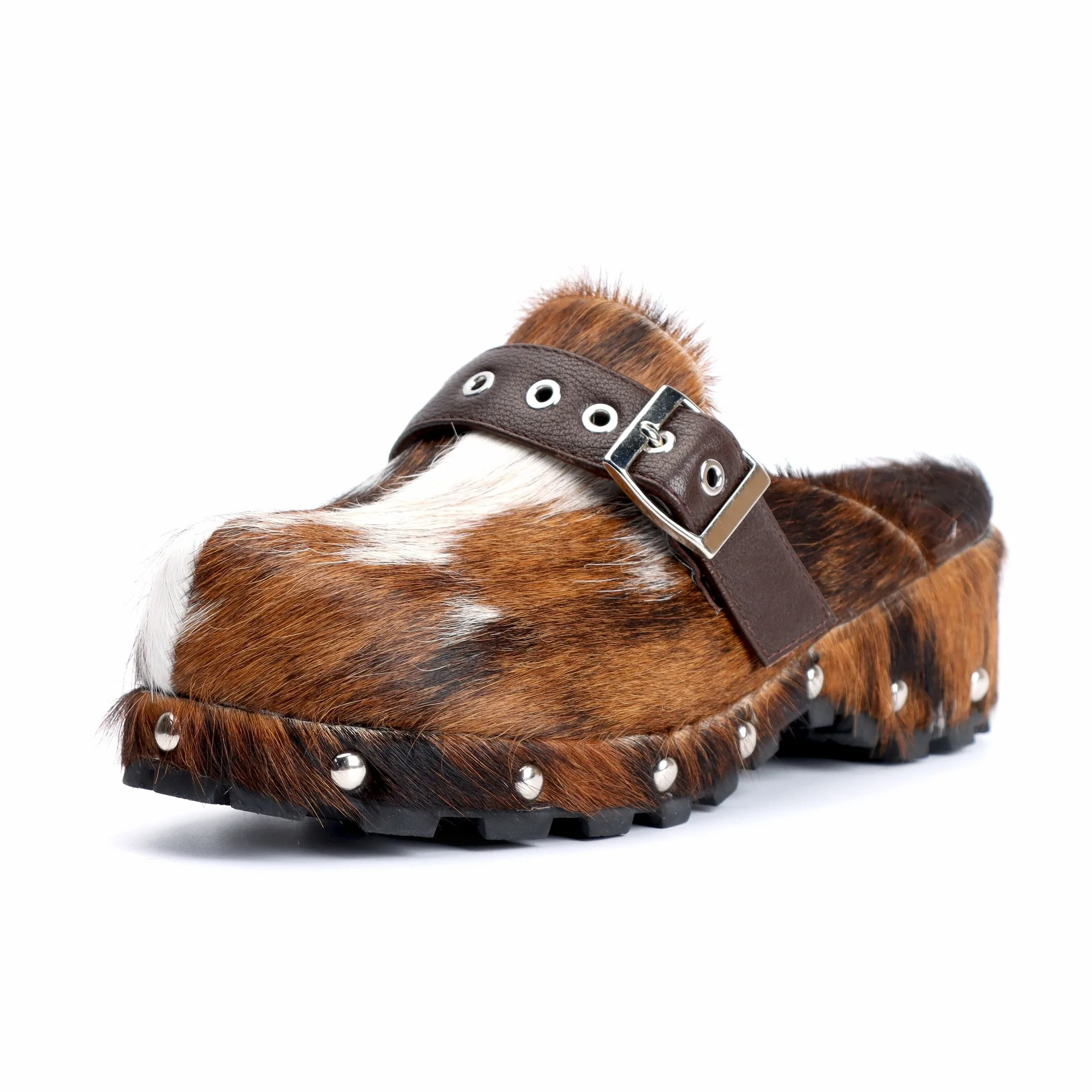 WildCharm™ Handmade Cow Fur Platform Clog Slippers – Women's Studded Vintage Cowboy Mules in Brown & White Cow Fur 1