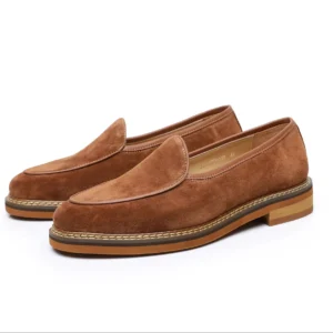 Timeless Elegance™ Men’s Handmade Suede Linen Loafers – Wooden Sole Summer Slip-On Dress Shoes 1
