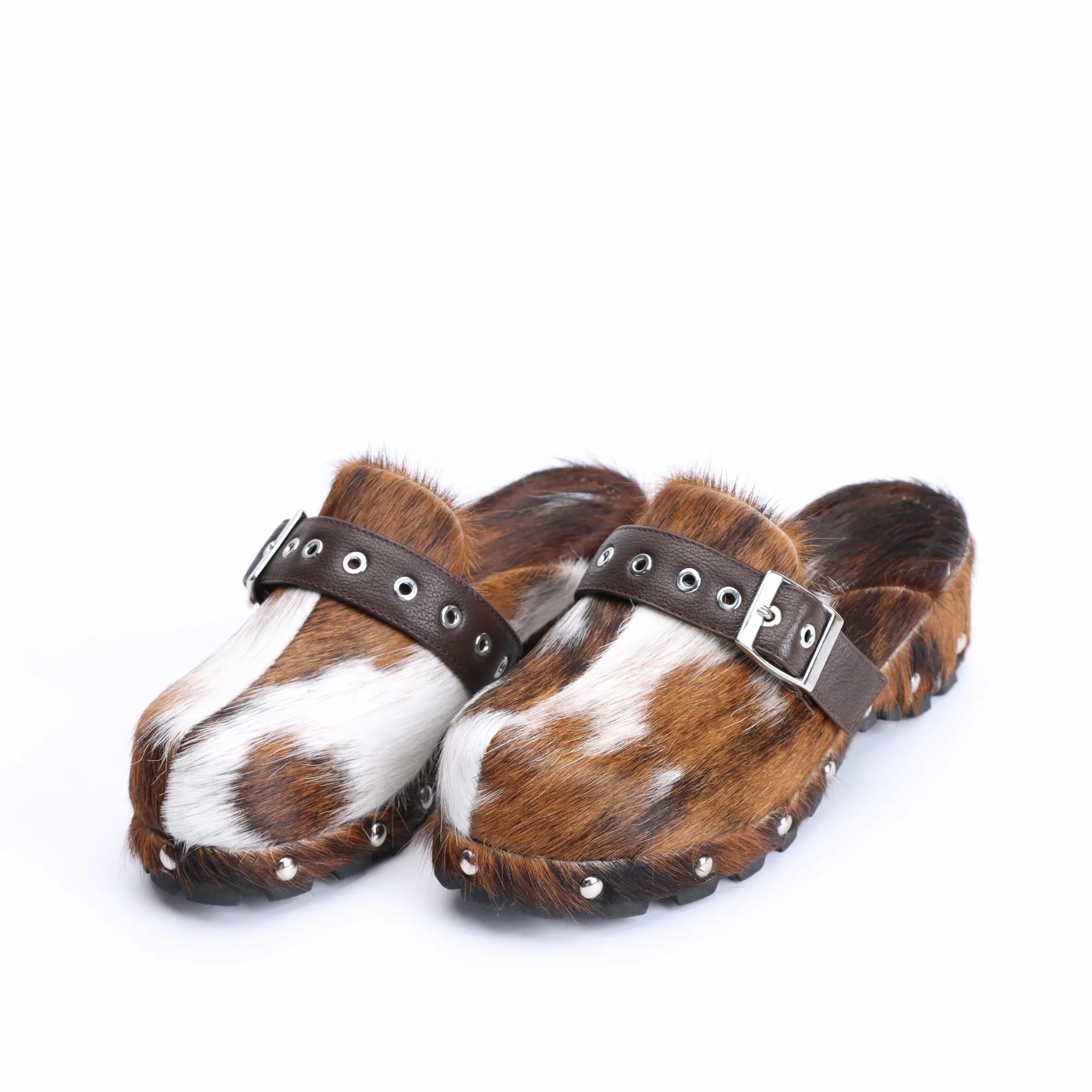 WildCharm™ Handmade Cow Fur Platform Clog Slippers – Women's Studded Vintage Cowboy Mules in Brown & White Cow Fur 4
