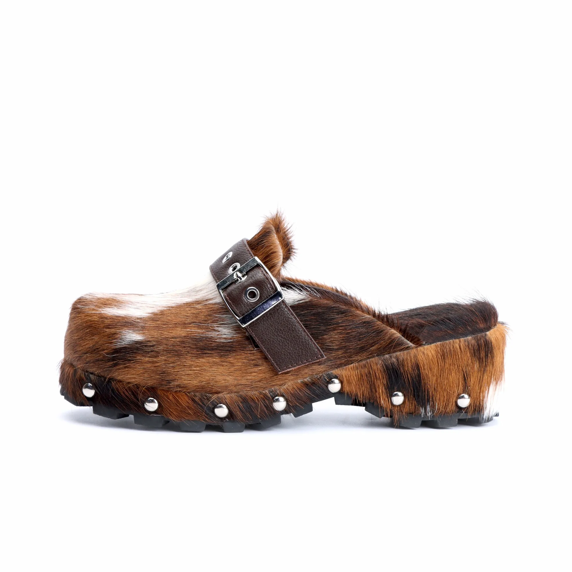 WildCharm™ Handmade Cow Fur Platform Clog Slippers – Women's Studded Vintage Cowboy Mules in Brown & White Cow Fur 6