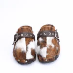WildCharm™ Handmade Cow Fur Platform Clog Slippers – Women's Studded Vintage Cowboy Mules in Brown & White Cow Fur 3