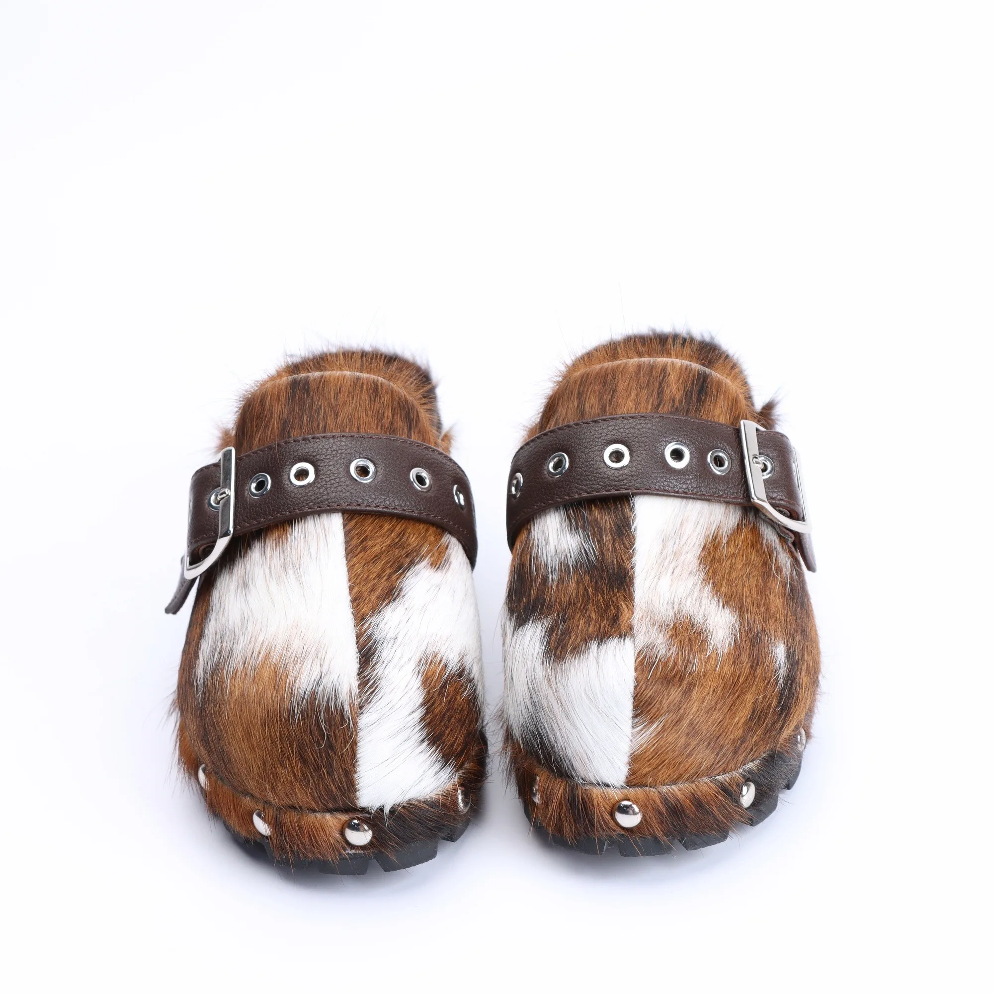 WildCharm™ Handmade Cow Fur Platform Clog Slippers – Women's Studded Vintage Cowboy Mules in Brown & White Cow Fur 3