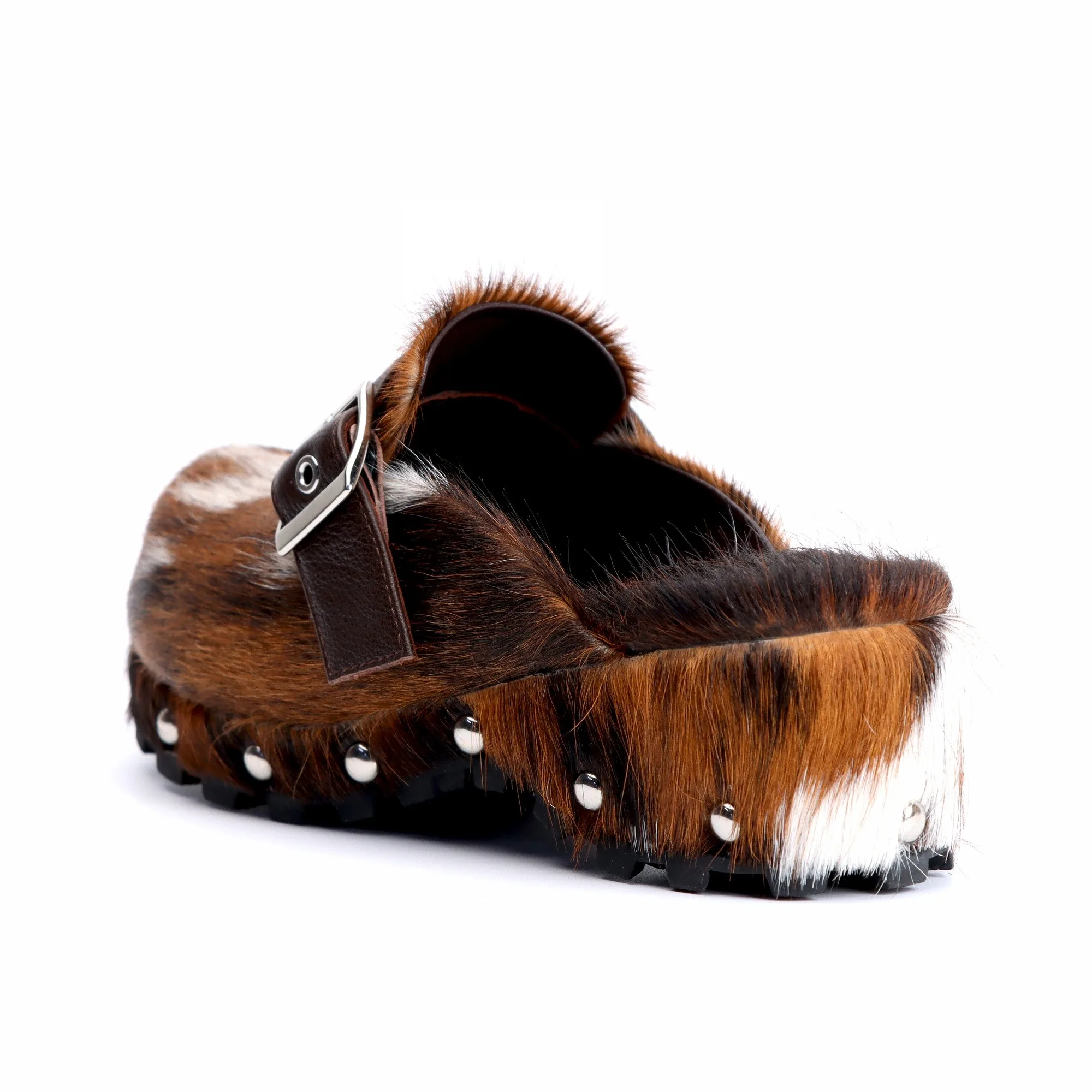 WildCharm™ Handmade Cow Fur Platform Clog Slippers – Women's Studded Vintage Cowboy Mules in Brown & White Cow Fur 5