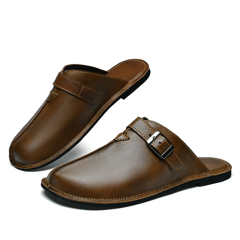 Classic Men’s Leather Summer Slippers – Lightweight Outdoor Half-Drag Sandals 6