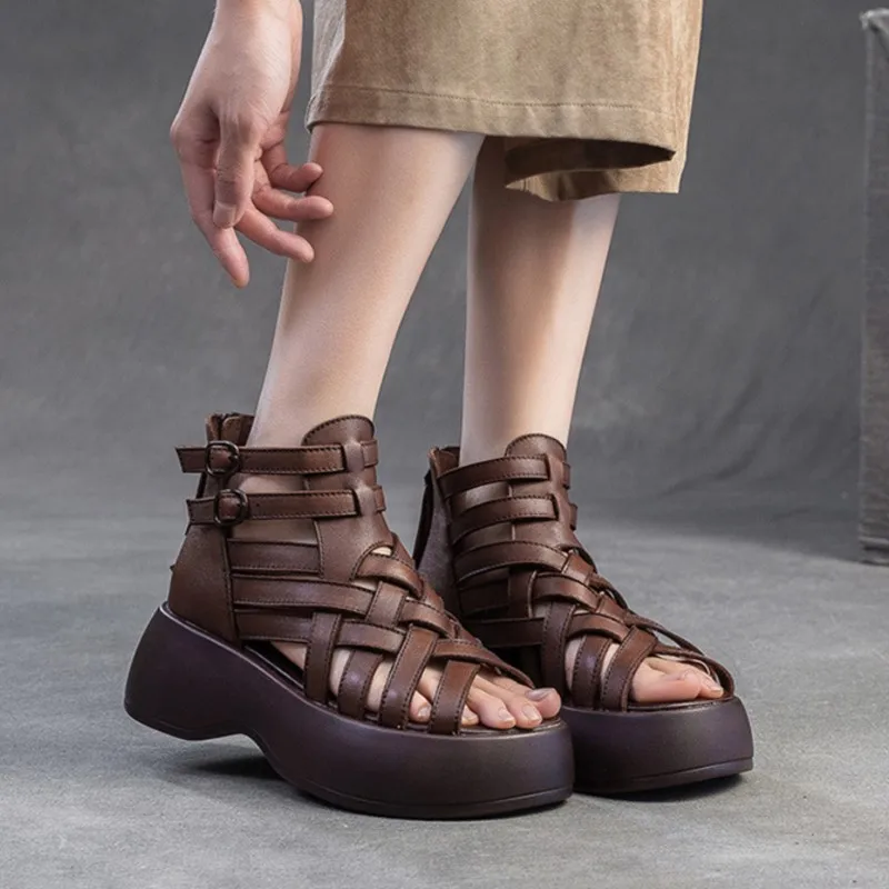 WovenGrace™ Women’s Leather Wedge Booties – 6cm Peep Toe Summer Sandals 4