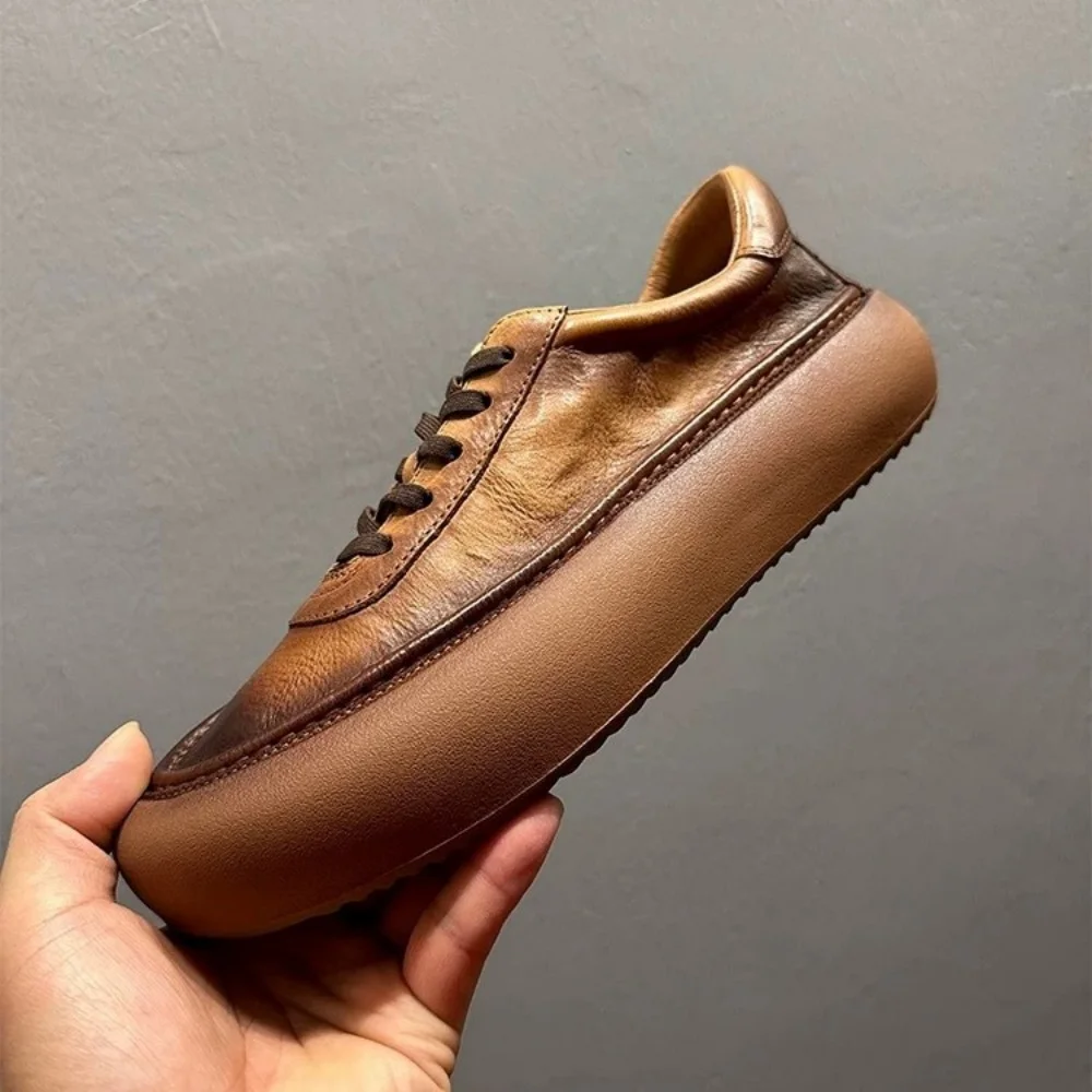Vintage Handmade Cowhide Casual Shoes for Men | UNITYPUREMAX Thick Sole Round Toe Lace-Up 1