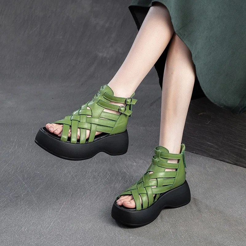 WovenGrace™ Women’s Leather Wedge Booties – 6cm Peep Toe Summer Sandals 1