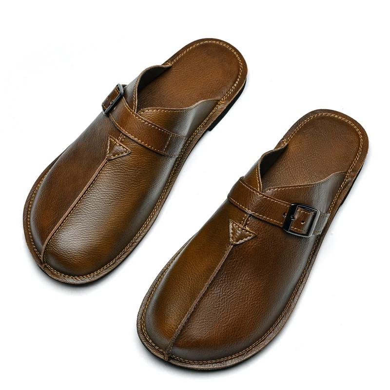Classic Men’s Leather Summer Slippers – Lightweight Outdoor Half-Drag Sandals 1