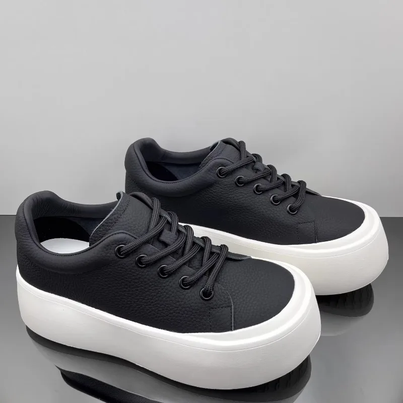UNITYPUREMAX Little White™ — Korean Genuine Leather Height-Boost Sneakers, Hidden 5–8cm Lift, Sponge-Cake Sole, White/Black, Sizes 38–43 3