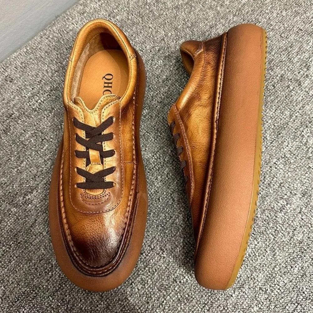 Vintage Handmade Cowhide Casual Shoes for Men | UNITYPUREMAX Thick Sole Round Toe Lace-Up 2