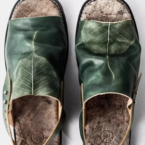 UNITYPUREMAX™ Handmade Leaf-Print Cowhide Leather Gladiator Sandals — Open-Toe Vintage Summer Slip-On Flats for Men 2
