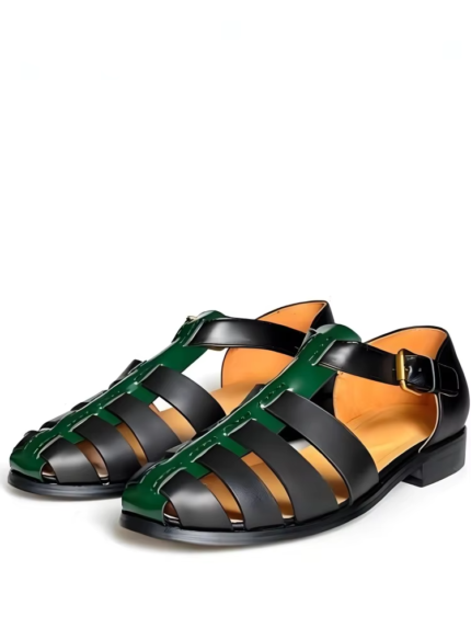 UNITYPUREMAX™ Summer Retro Men’s Hollow-Out Cow Leather Buckle Sandals — Handmade Leisure Comfort in Black & Green