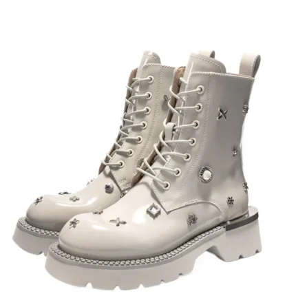 Genuine Leather Rivet Designer Height Increasing Boots for Women | UNITYPUREMAX™ British Street Fashion Patent Leather Height-Increasing Ankle Boots 2