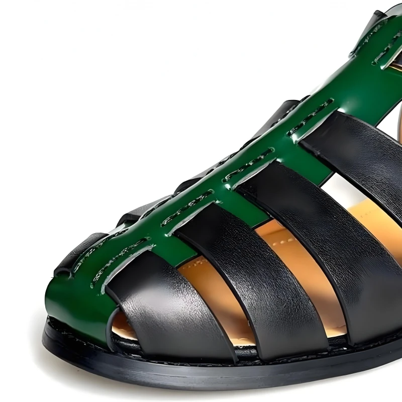 UNITYPUREMAX™ Summer Retro Men’s Hollow-Out Cow Leather Buckle Sandals — Handmade Leisure Comfort in Black & Green 7