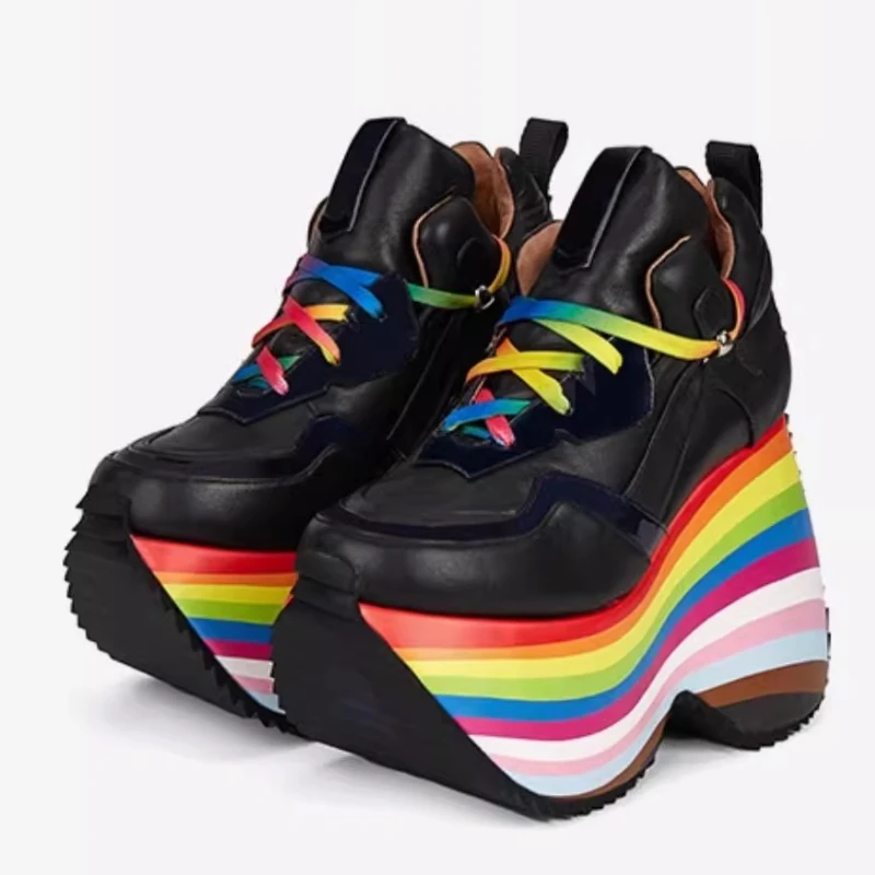 UNITYPUREMAX™ Black High Cut Thick Bottom Women’s Height Increasing Shoes - Women’s 13cm Black Platform Leather Shoes 3