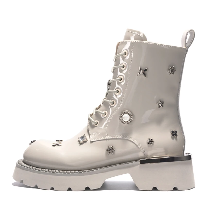 Genuine Leather Rivet Designer Height Increasing Boots for Women | UNITYPUREMAX™ British Street Fashion Patent Leather Height-Increasing Ankle Boots 4