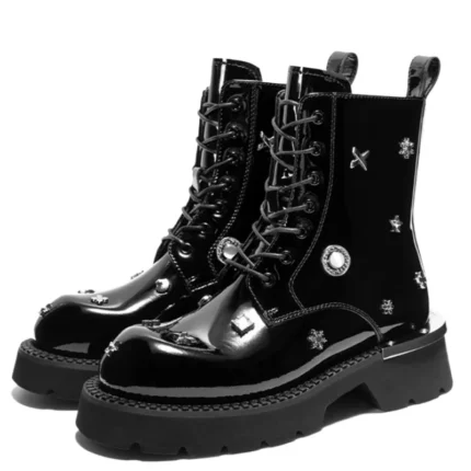 Genuine Leather Rivet Designer Height Increasing Boots for Women | UNITYPUREMAX™ British Street Fashion Patent Leather Height-Increasing Ankle Boots 1