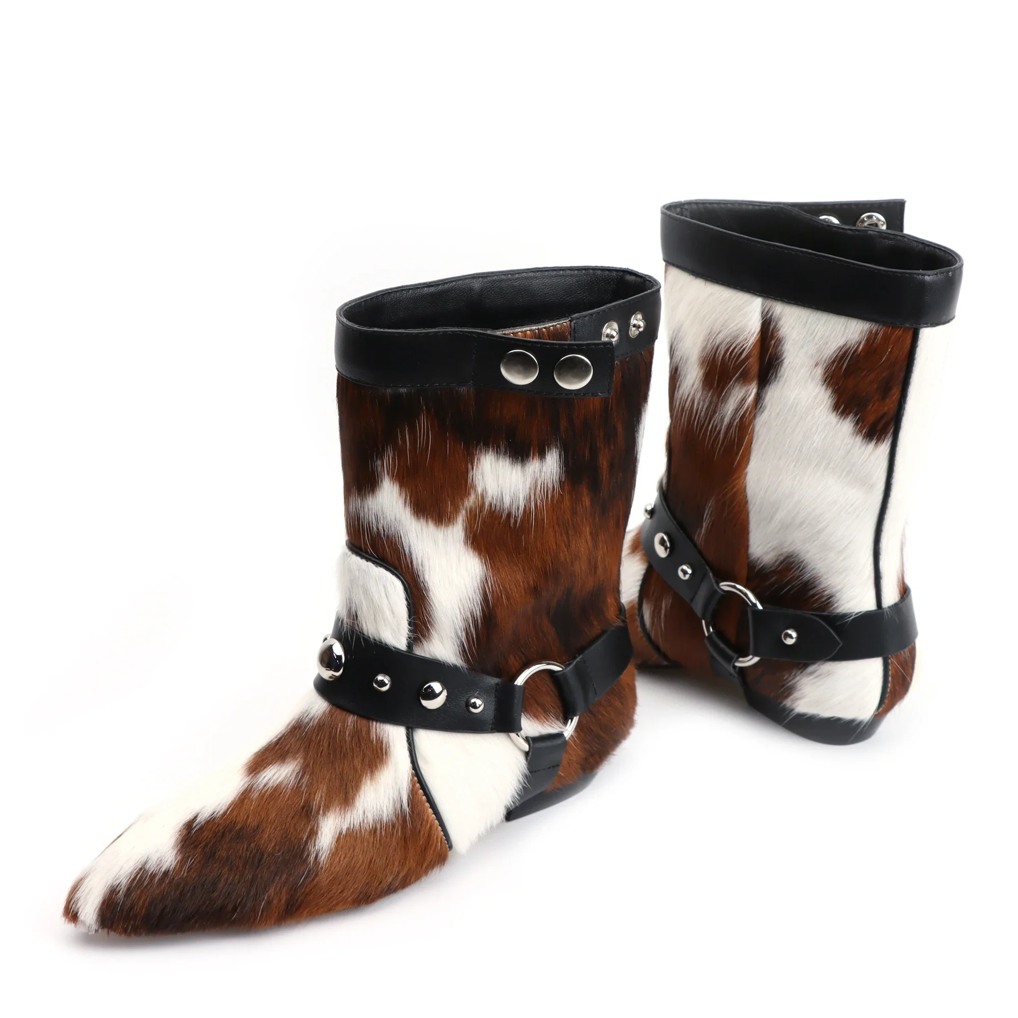 LuxePoint™ Women’s Calf Hair Leather Ankle Boots – Designer Low Heel Retro Zip Boots 6