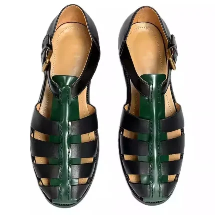 UNITYPUREMAX™ Summer Retro Men’s Hollow-Out Cow Leather Buckle Sandals — Handmade Leisure Comfort in Black & Green 3