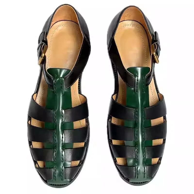 UNITYPUREMAX™ Summer Retro Men’s Hollow-Out Cow Leather Buckle Sandals — Handmade Leisure Comfort in Black & Green 3